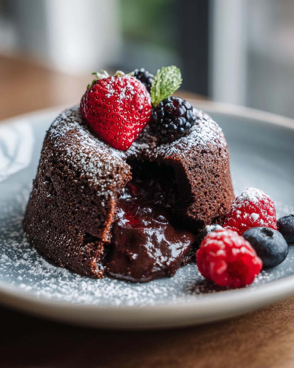 Close-up of a molten chocolate cake with fresh berries, the dessert I make when I want compliments.