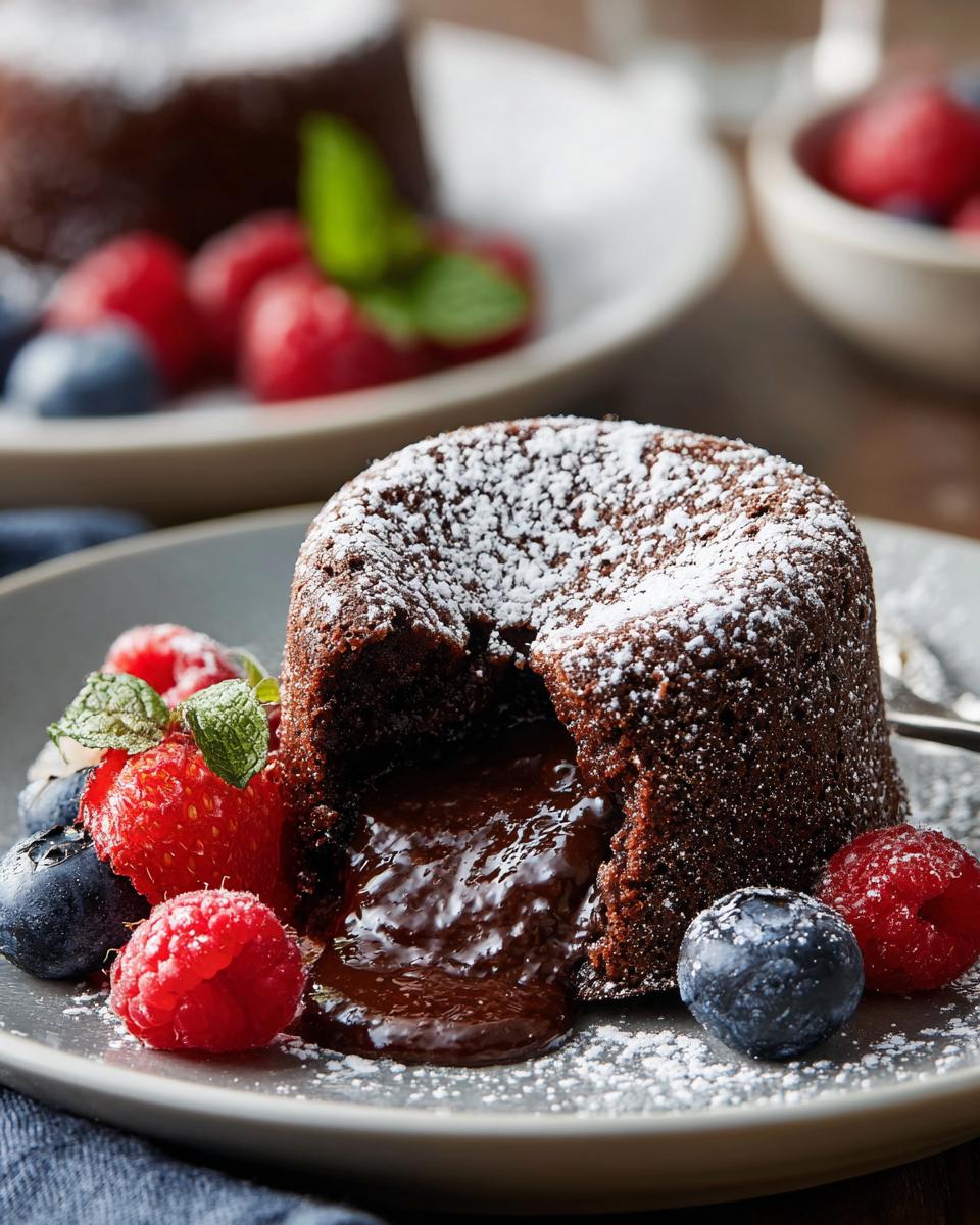 Close-up of a molten chocolate cake with flowing chocolate, berries, and powdered sugar. The Dessert I Make When I Want Compliments.