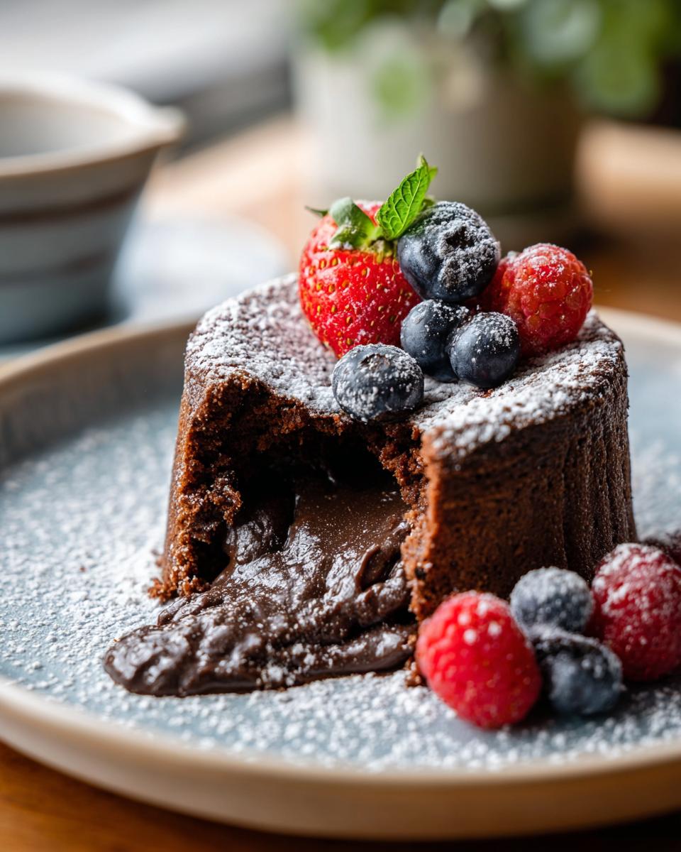 Close-up of a molten chocolate cake, the dessert I make for compliments, with fresh berries.