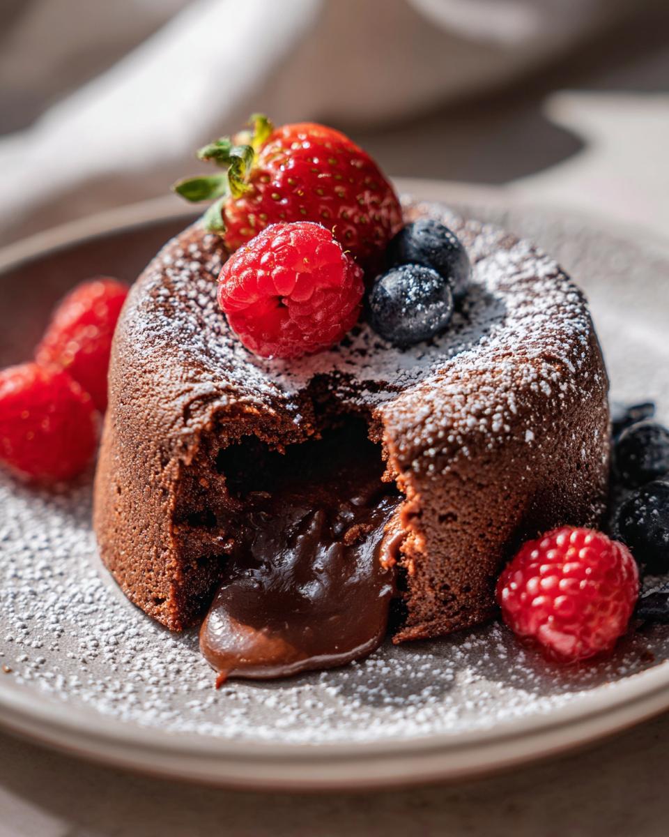 Close-up of a molten chocolate cake, the dessert I make when I want compliments, with fresh berries and powdered sugar.
