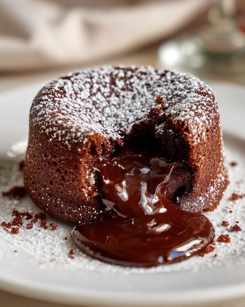 Close-up of a molten chocolate cake with oozing chocolate, the dessert everyone is saving right now.
