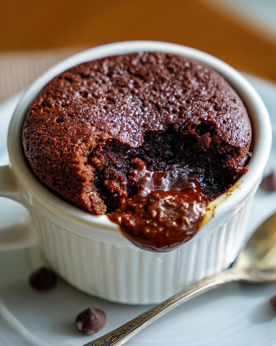 Close-up of a molten chocolate cake in a white ramekin, the perfect This Is My Go To Dessert When I’m Short on Time.