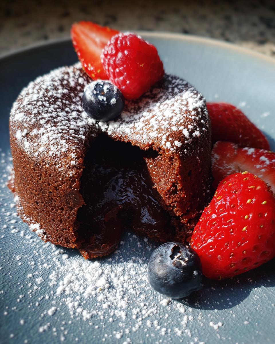 Close-up of a molten chocolate cake with fresh berries, perfect for the No Fail Dessert.