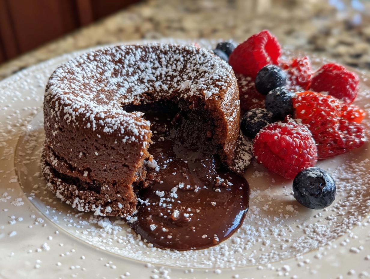 A delicious molten chocolate cake with fresh berries, the No Fail Dessert that always impresses.