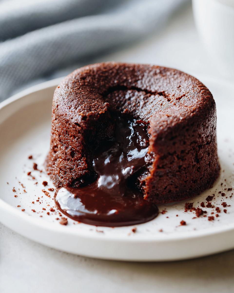 Close-up of a molten chocolate dessert, the chocolate dessert that breaks the internet, with flowing chocolate on a white plate.