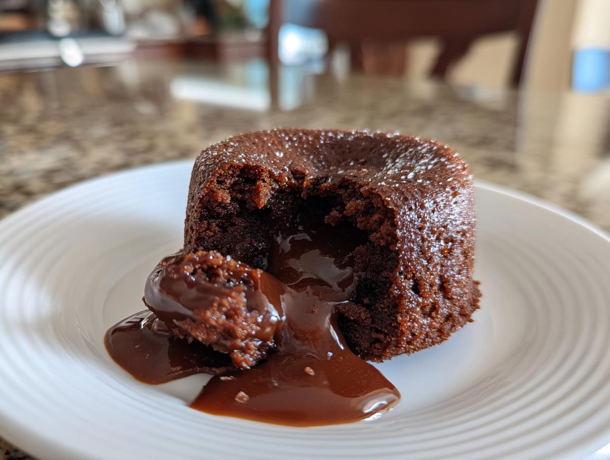 Close-up of a molten chocolate dessert, the chocolate dessert that breaks the internet, with a flowing chocolate center.