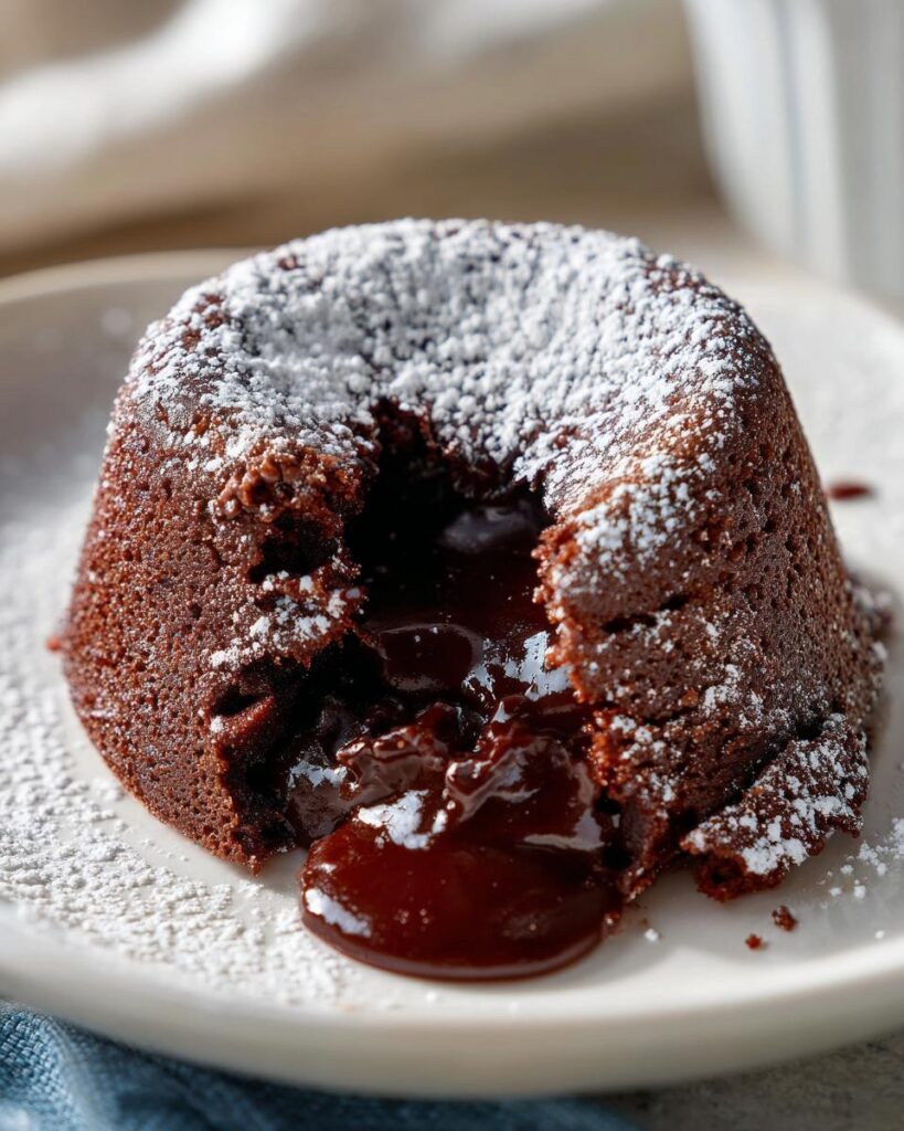 Close-up of a molten chocolate lava cake, the dessert everyone is saving, with powdered sugar.