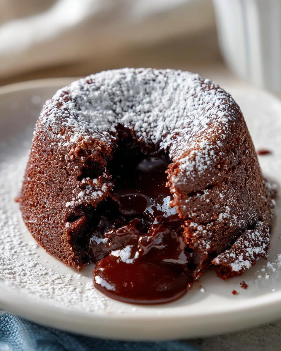Close-up of a molten chocolate lava cake, the dessert everyone is saving, with powdered sugar.