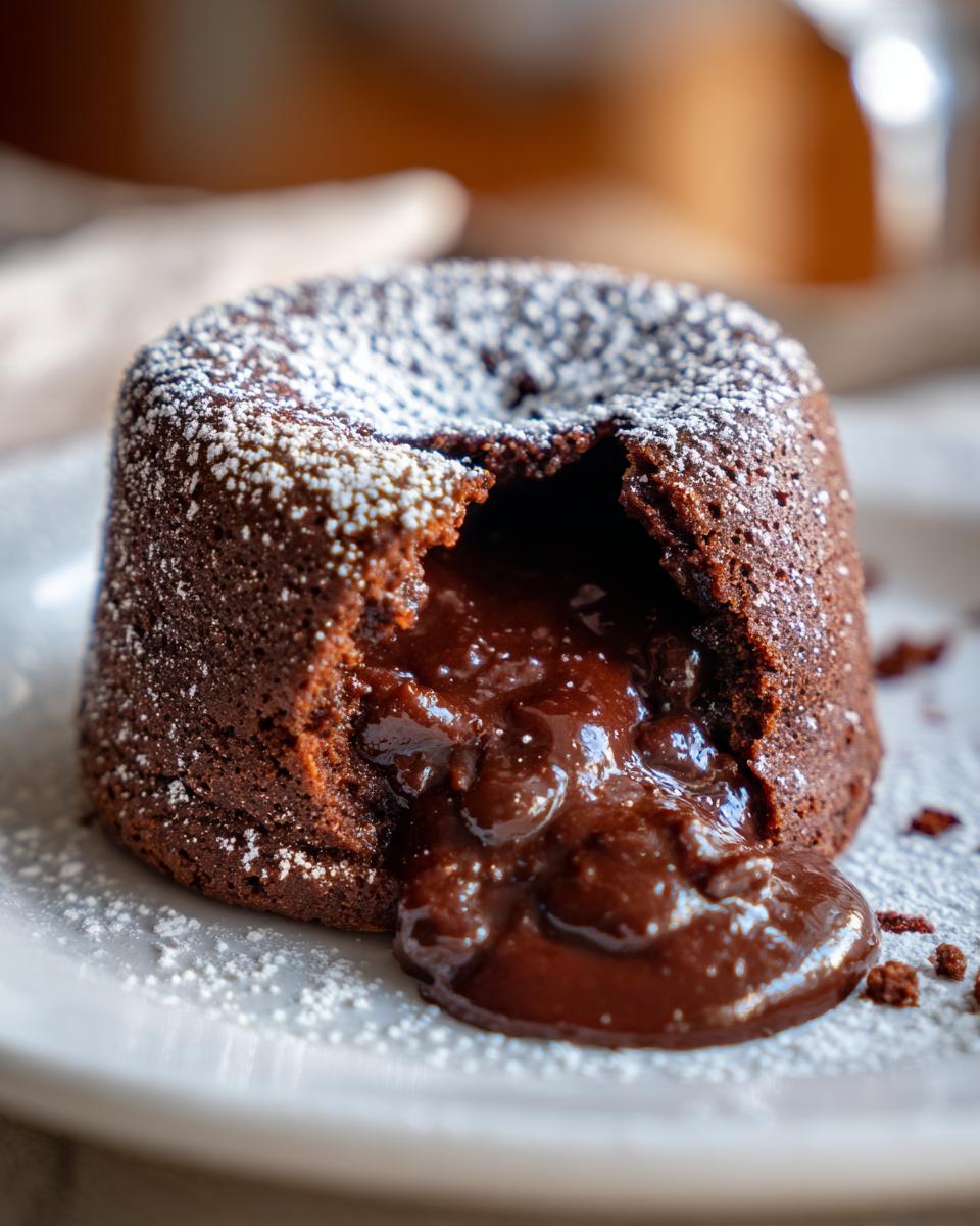 Close-up of a molten chocolate lava cake, the dessert everyone is saving, with powdered sugar.