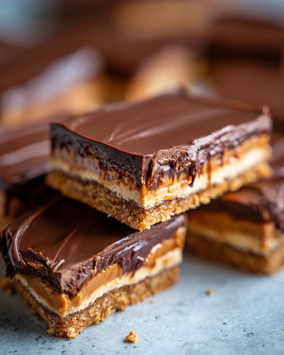 Close-up of layered chocolate caramel bars, a no-bake dessert.