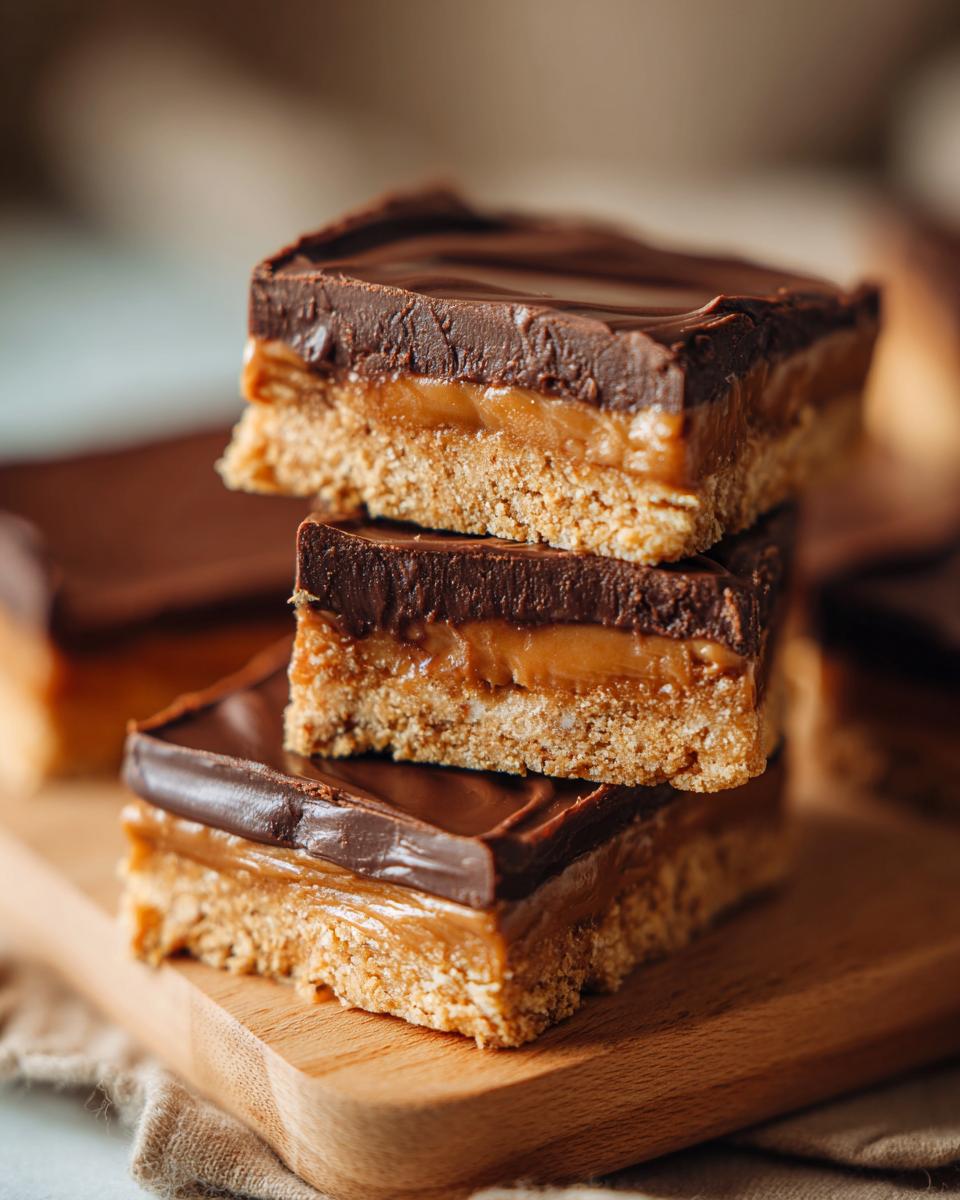 Stack of chocolate caramel bars, a delicious no-bake dessert. Perfect for No Oven, No Stress, Just Pure Dessert recipes.