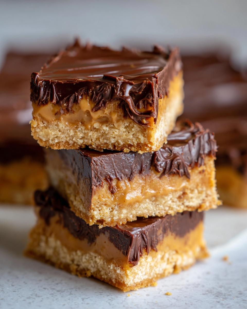 Close-up of a stack of no-bake chocolate caramel bars, a delicious dessert that requires no baking at all.