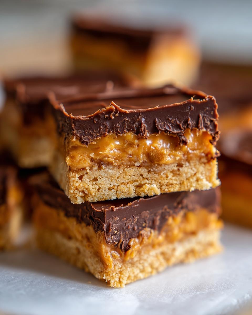 Close-up of layered chocolate caramel bars, a no-bake dessert, perfect for quick treats.