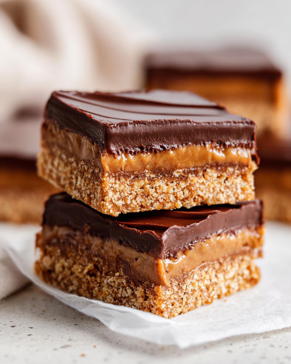 Close-up of layered no-bake dessert bars with a chocolate top, caramel filling, and a crumbly base.