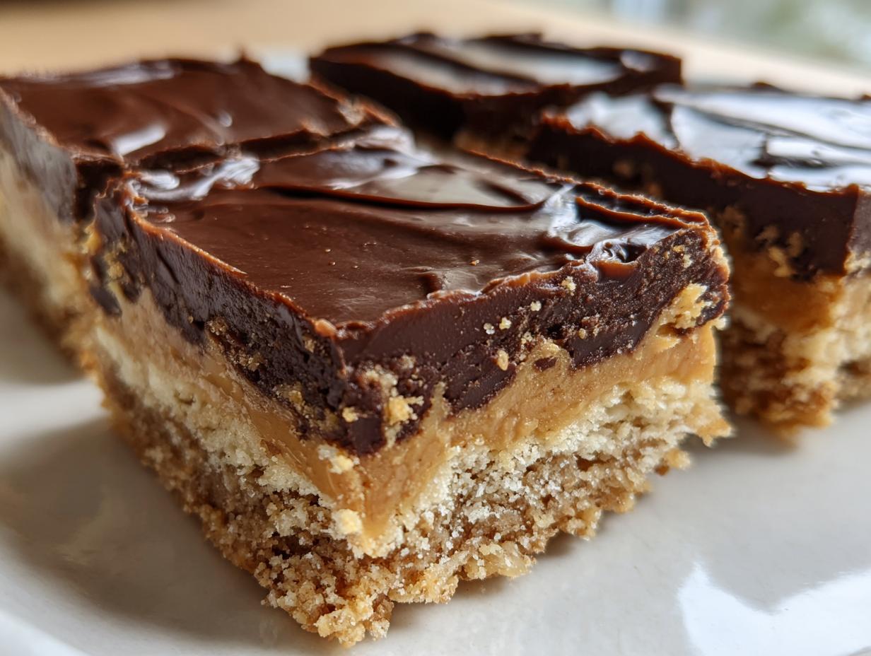 Close-up of no-bake dessert bars with layers of chocolate, caramel, and a crumbly base. This Dessert Requires No Baking at All.