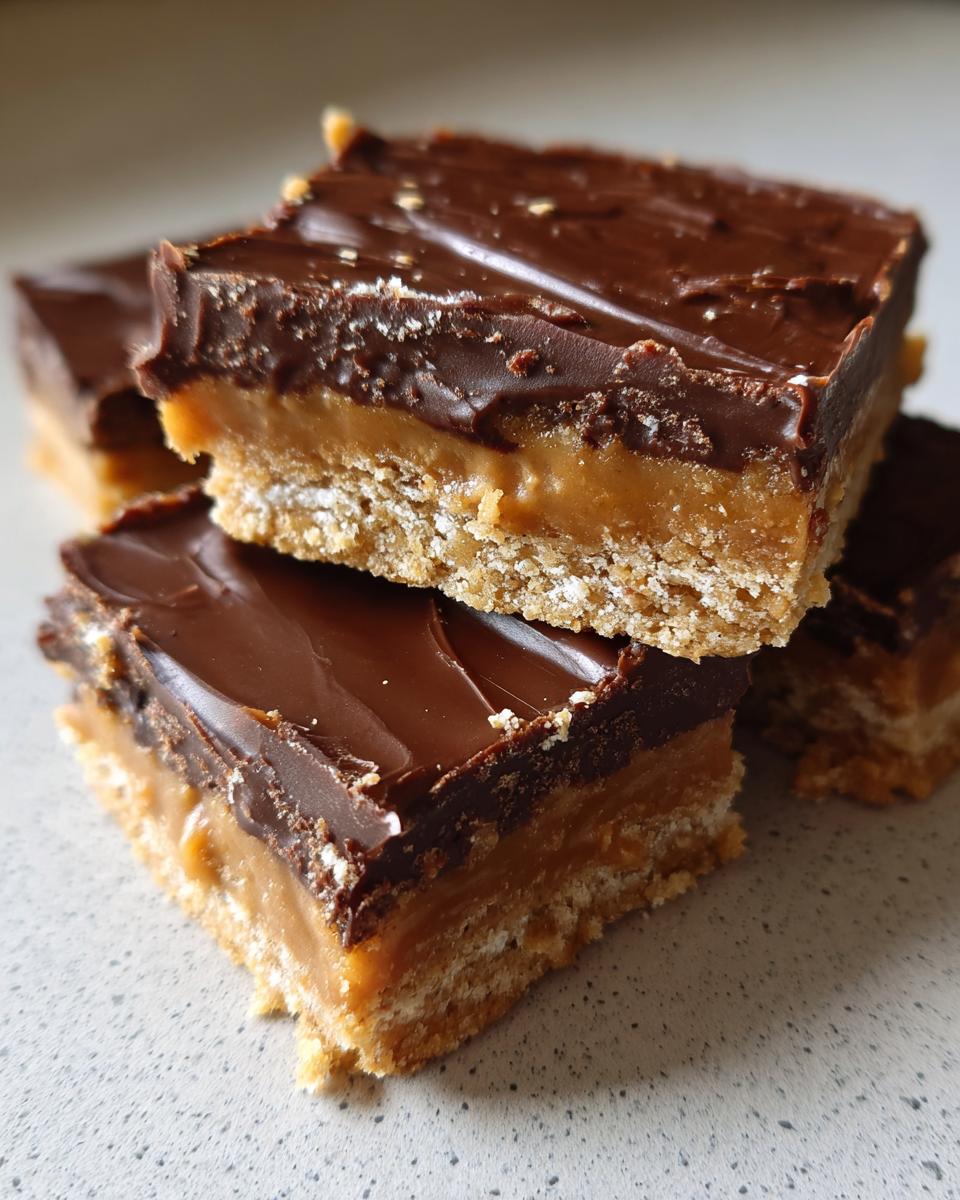 Close-up of layered caramel chocolate bars. This Dessert Requires No Baking at All.