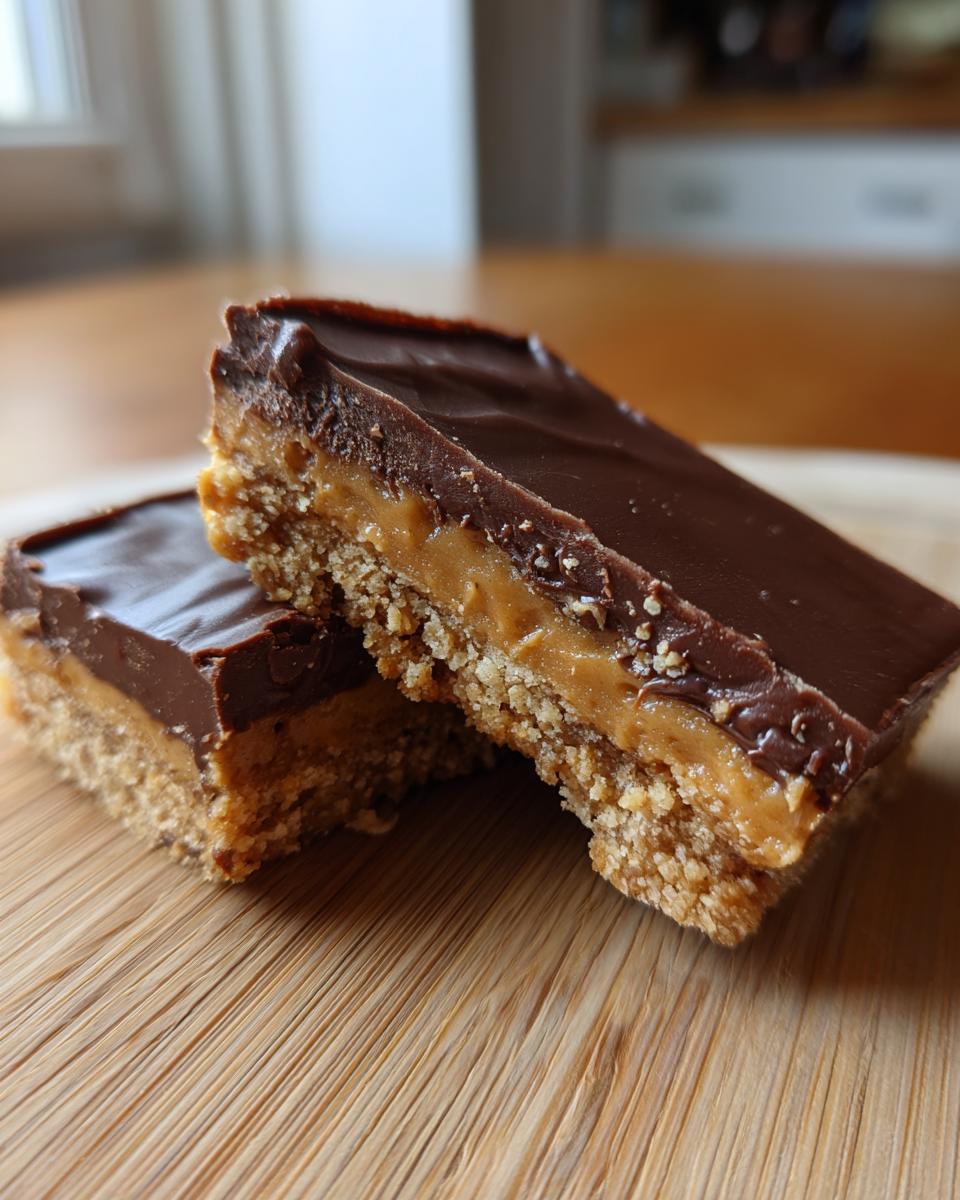 Close-up of a no bake dessert bar with layers of chocolate, caramel, and a crumb base; the no bake dessert everyone is obsessed with.