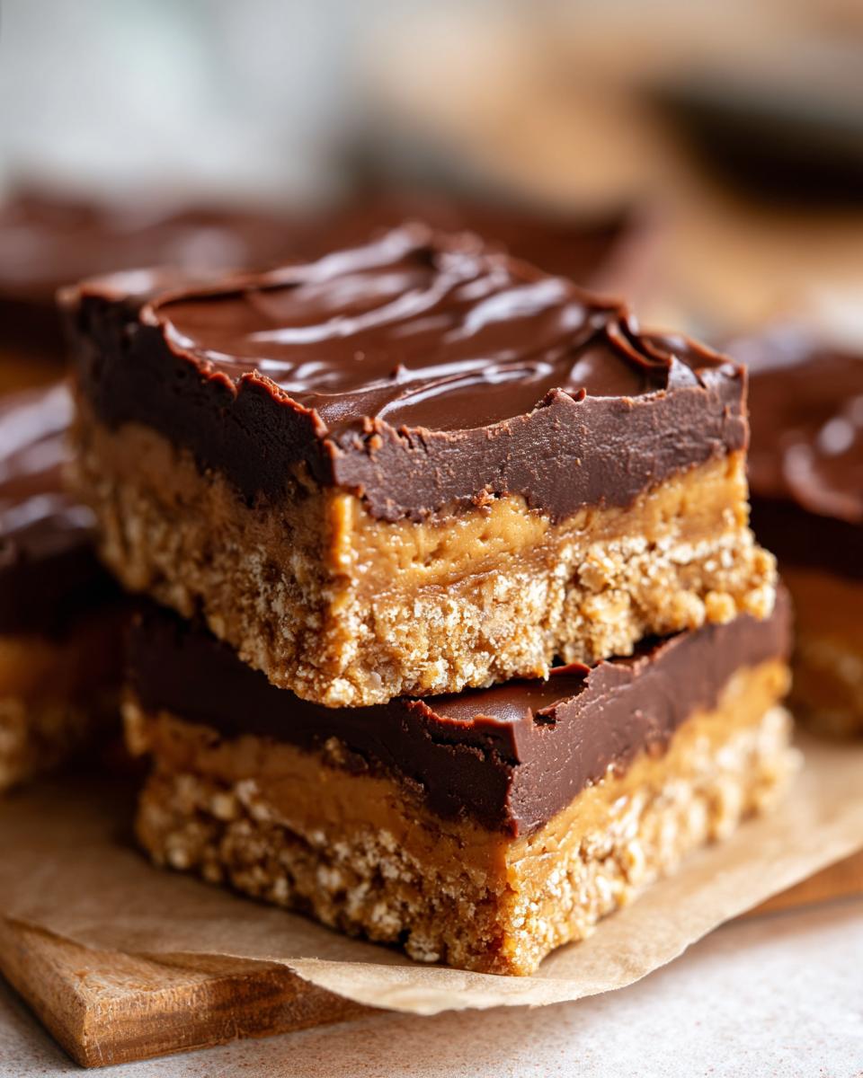 Close-up of stacked no bake dessert bars with layers of chocolate, peanut butter, and a crumbly base. The No Bake Dessert Everyone Is Obsessed With.