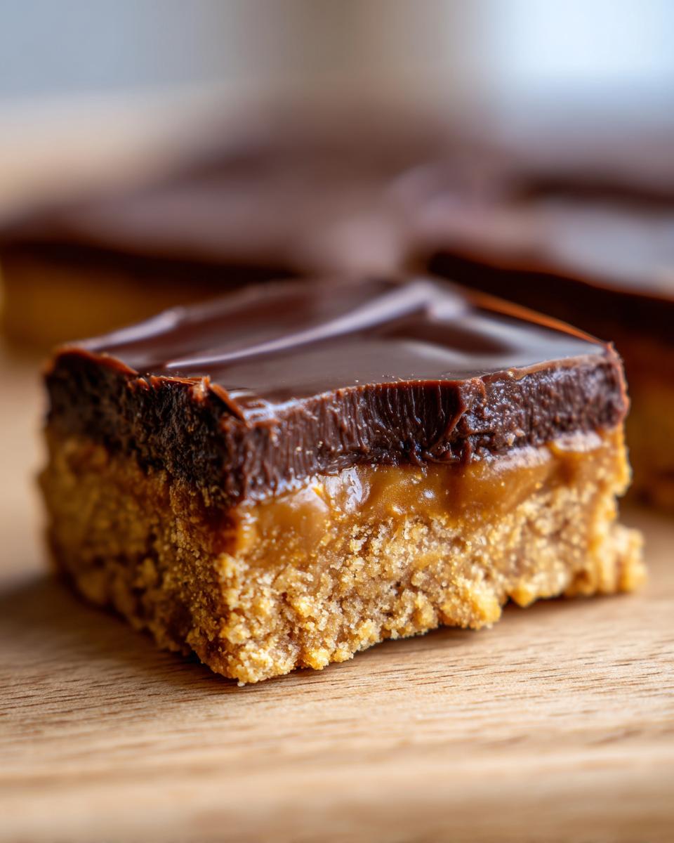 Close-up of a slice of the No Bake Dessert Everyone Is Obsessed With, showing layers of chocolate, caramel, and a crumbly base.