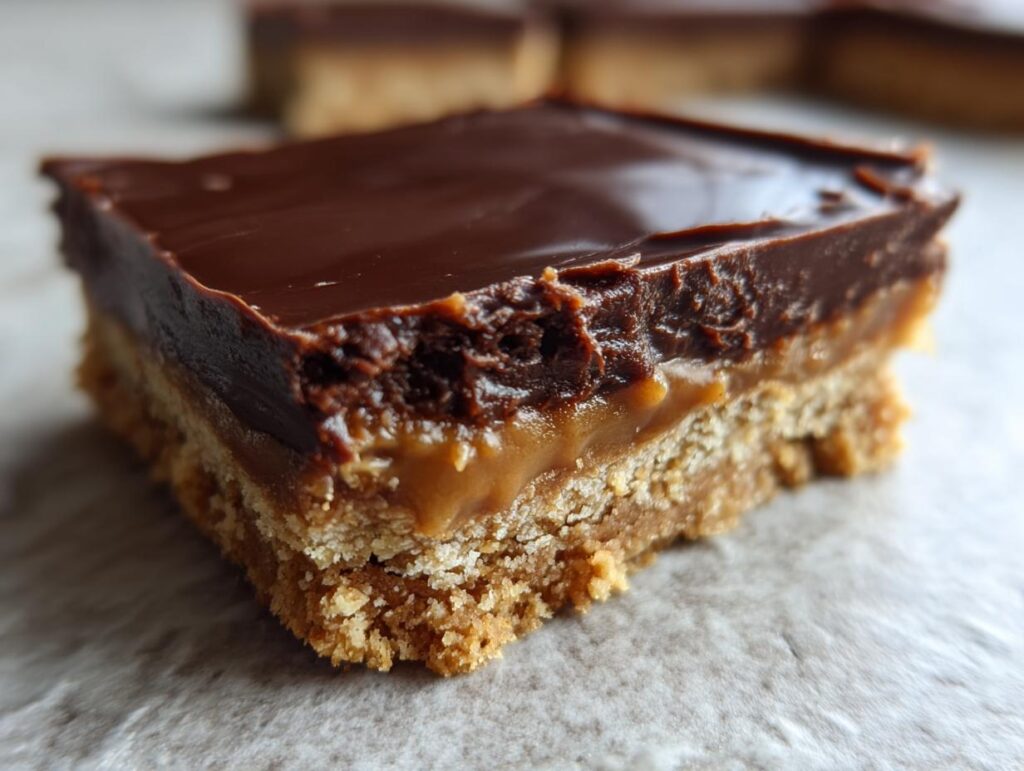 Close-up of a no-bake dessert square with layers of biscuit, caramel, and chocolate. This Dessert Requires No Baking at All.