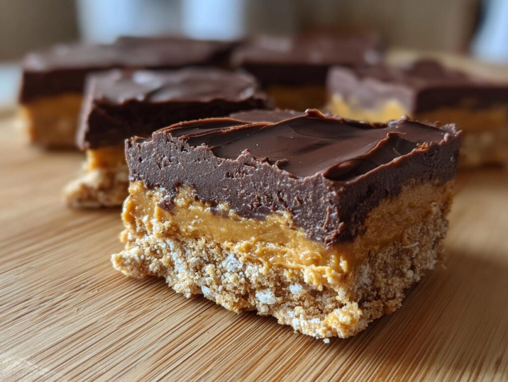 Close-up of a no bake dessert: chocolate peanut butter bars. The No Bake Dessert Everyone Is Obsessed With.
