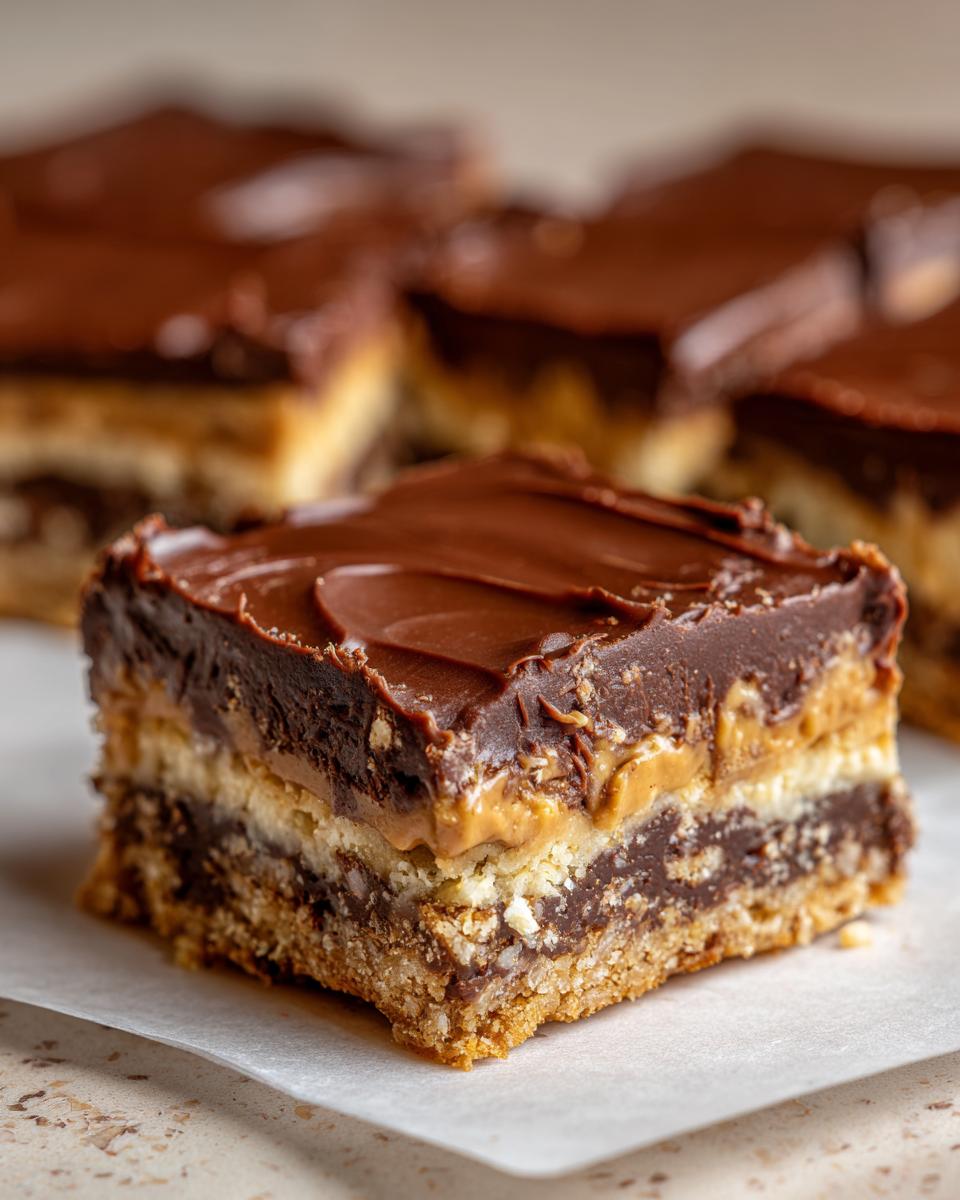 Close-up of a no-bake dessert bar with layers of chocolate, peanut butter, and a crumbly base. This dessert requires no baking at all.