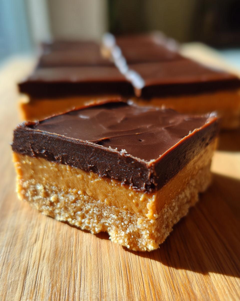 Close-up of a slice of the no bake dessert everyone is obsessed with, featuring layers of chocolate, peanut butter, and a crumbly base.