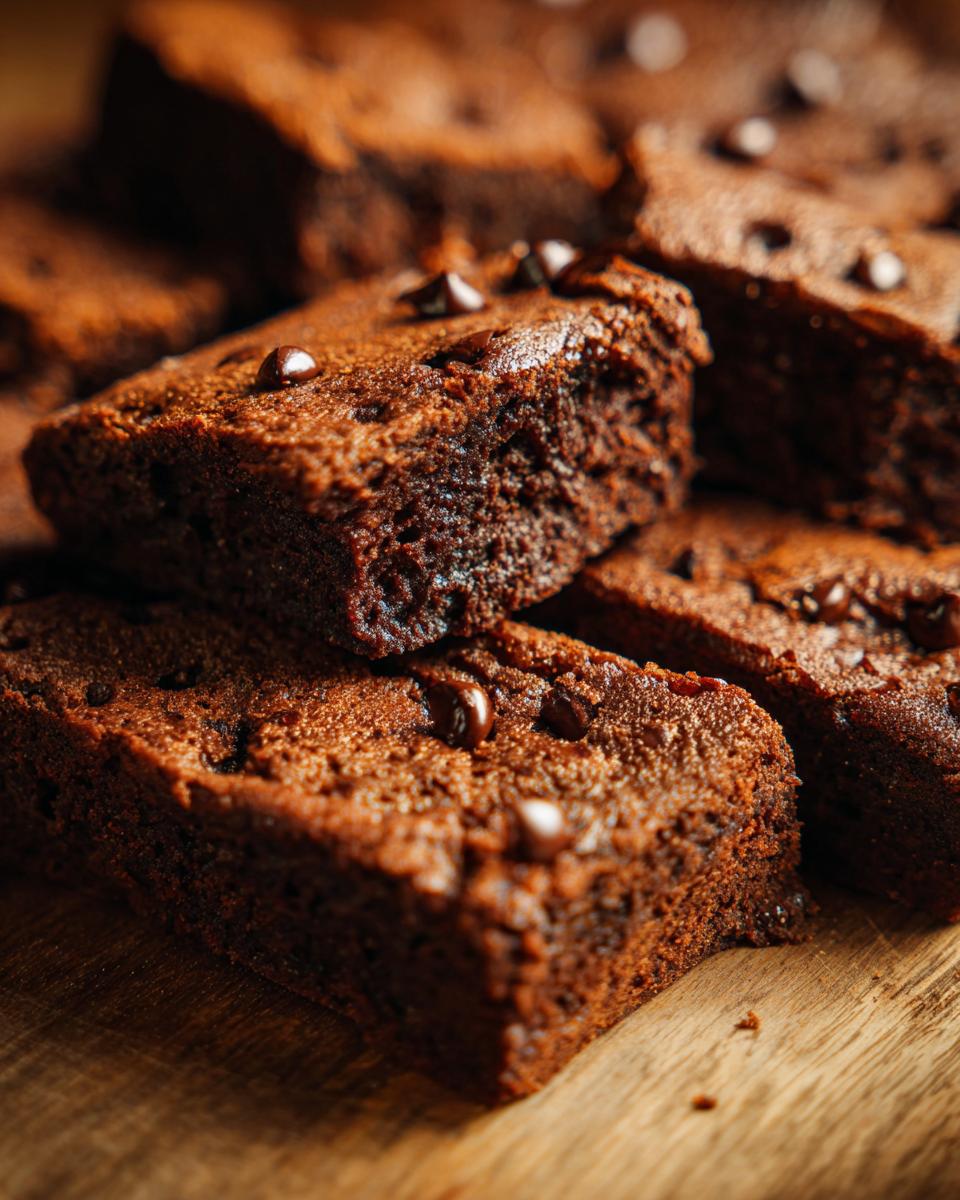 Close-up of freshly baked No Mixer Dessert brownies with chocolate chips.