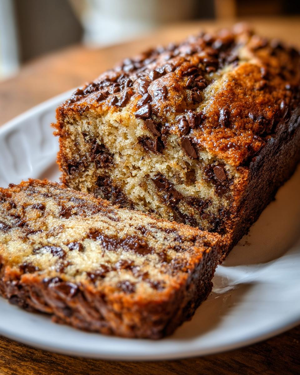 Close-up of a sliced chocolate chip loaf, a no mixer dessert that never fails.