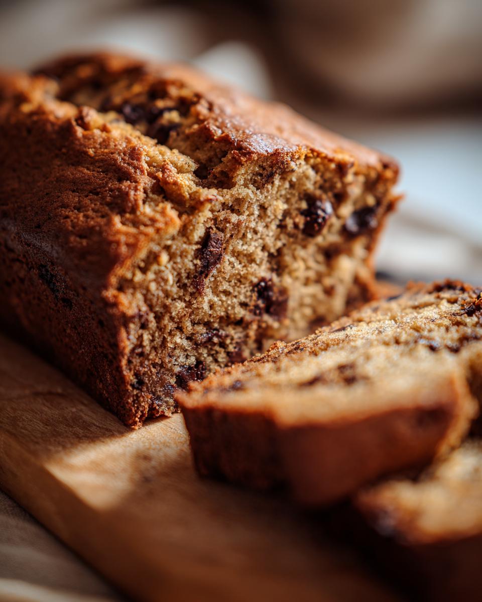 Close-up of a sliced loaf of The No Mixer Dessert That Never Fails, showing texture and chocolate chips.
