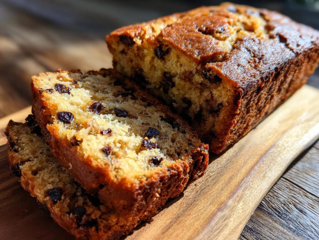 Close-up of a sliced loaf of the No Mixer Dessert that never fails, showing raisins.