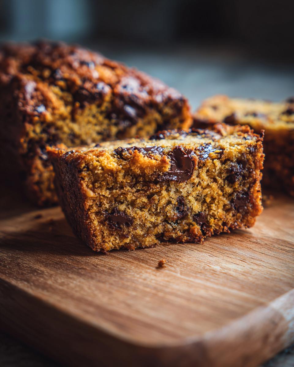 Close-up of a slice of The No Mixer Dessert That Never Fails, showing chocolate chips on a wooden board.