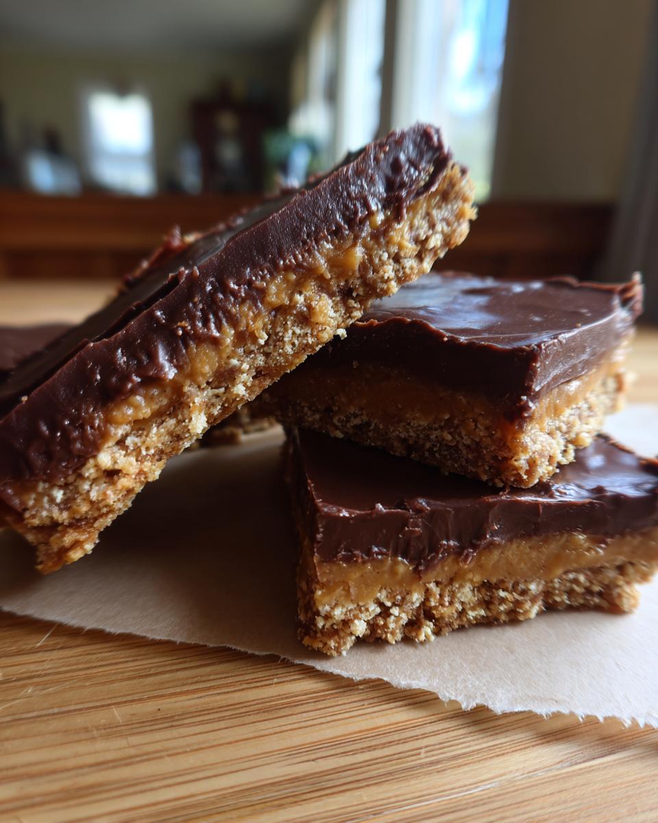 Close-up of no-bake chocolate caramel bars, perfect for a No Oven, No Stress, Just Pure Dessert treat.