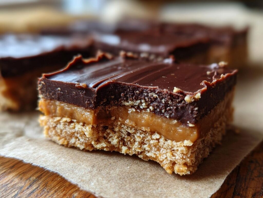 Close-up of a chocolate caramel bar, a perfect no oven dessert.