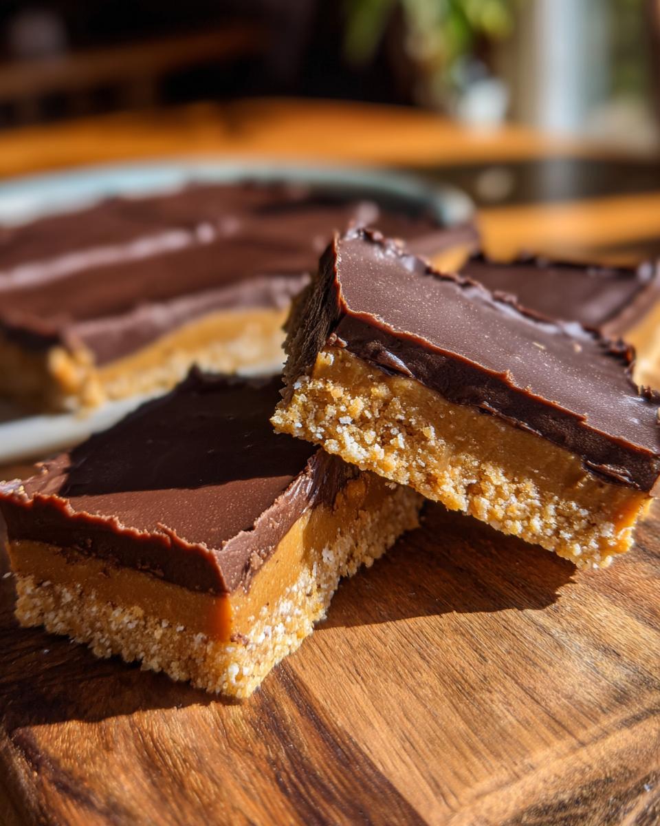 Close-up of chocolate caramel bars, a no oven dessert, on a wooden board. The No Oven, No Stress, Just Pure Dessert.