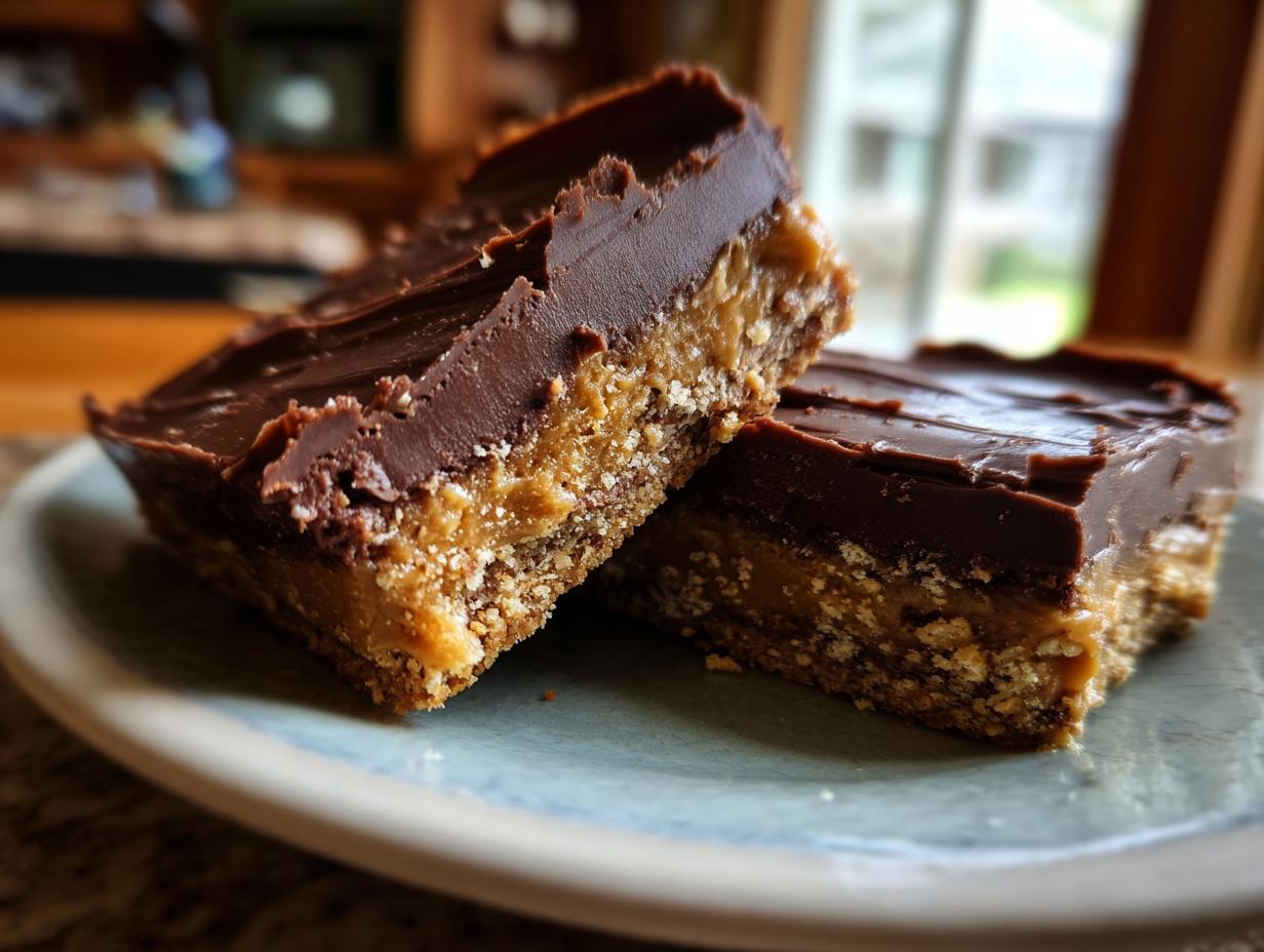 Close-up of chocolate peanut butter bars, a delicious no oven dessert, perfect for pure dessert.