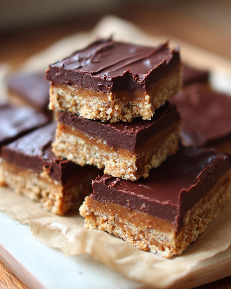 Close-up of no-bake dessert bars with layers of chocolate, caramel, and a crumbly base, perfect for a quick No Oven, No Stress dessert.
