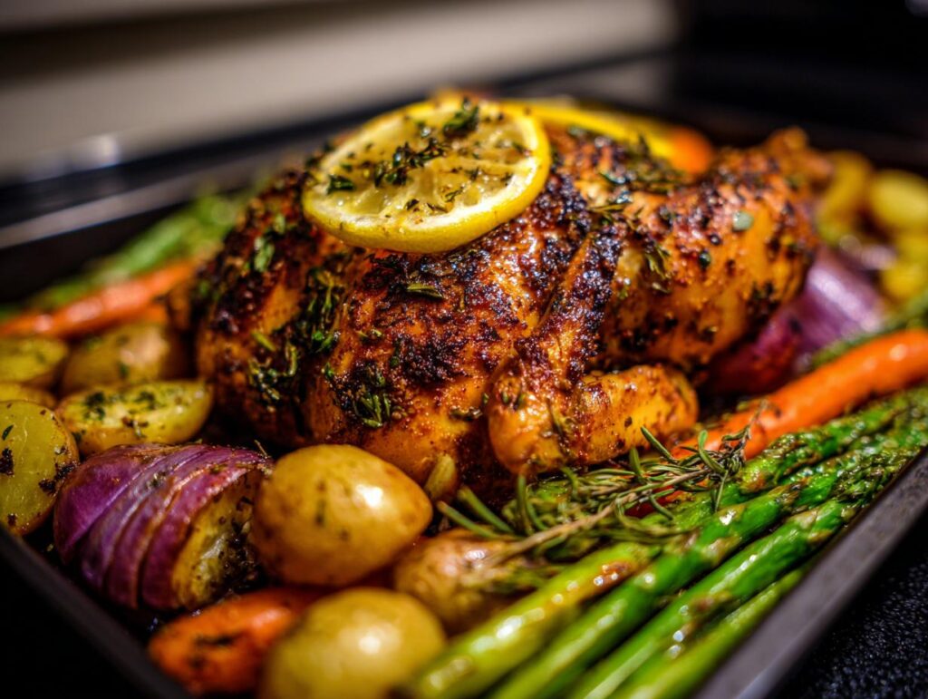 One-pan roasted chicken with vegetables, perfect for the Ultimate Weeknight Dinner with Almost No Cleanup.