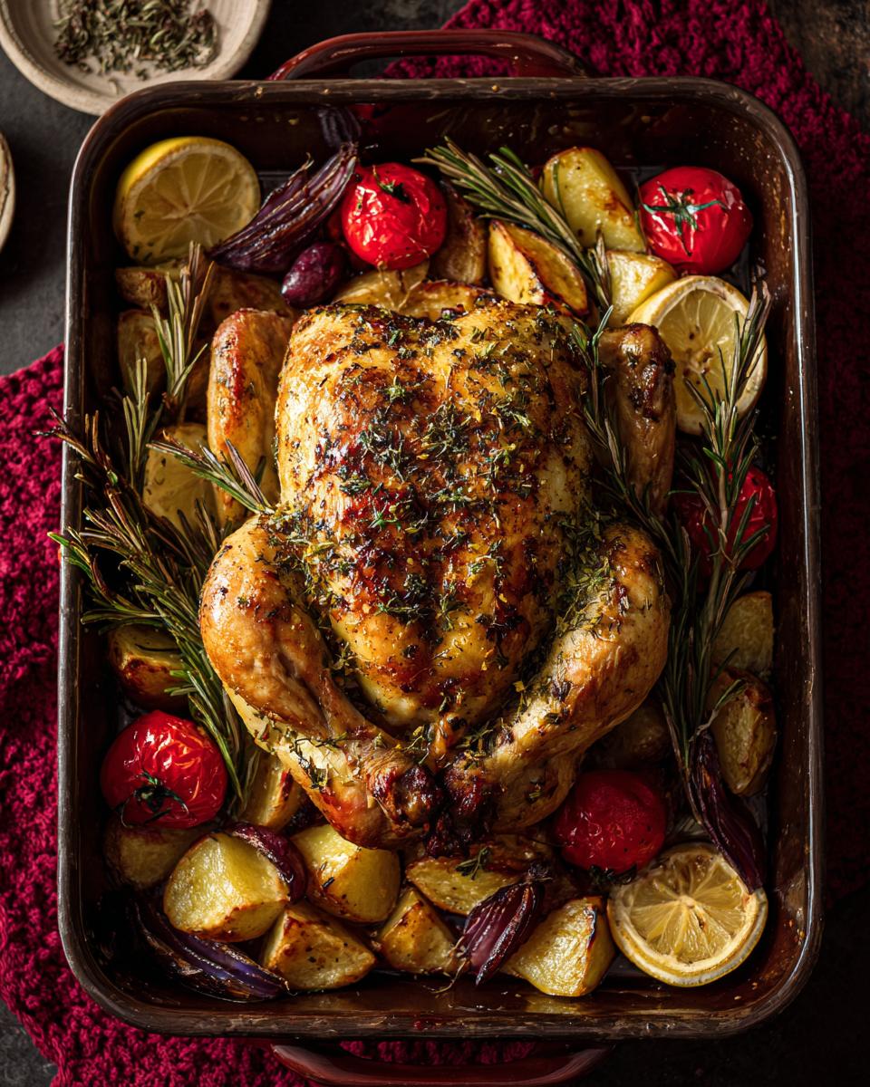 Whole roasted chicken with potatoes, tomatoes, and herbs, perfect for The Ultimate Weeknight Dinner.