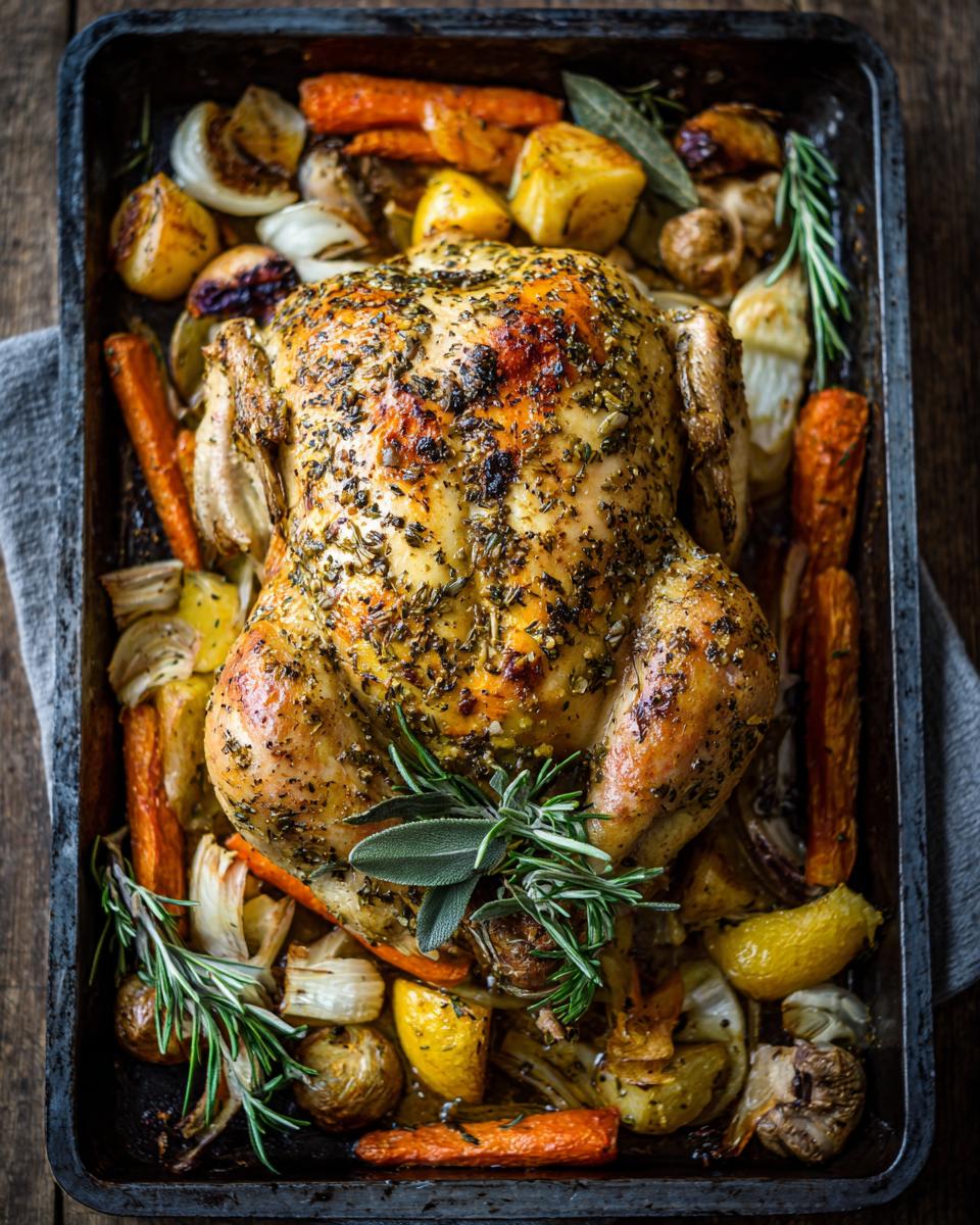 Overhead shot of a whole roasted chicken with vegetables in a pan, perfect for the Ultimate Weeknight Dinner.