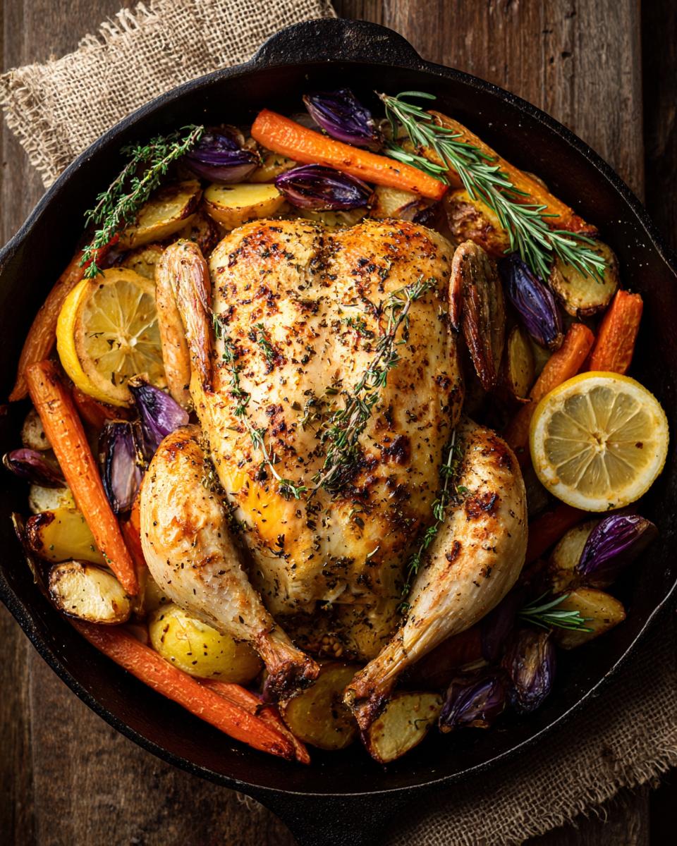 Whole roasted chicken with vegetables in a cast iron pan, perfect for the Ultimate Weeknight Dinner.