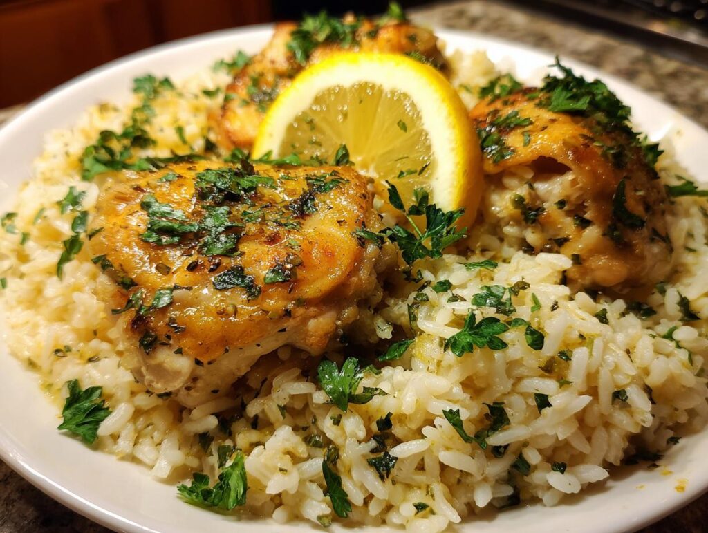 A plate of One Pot Lemon Herb Chicken and Rice, garnished with fresh herbs and a lemon slice.