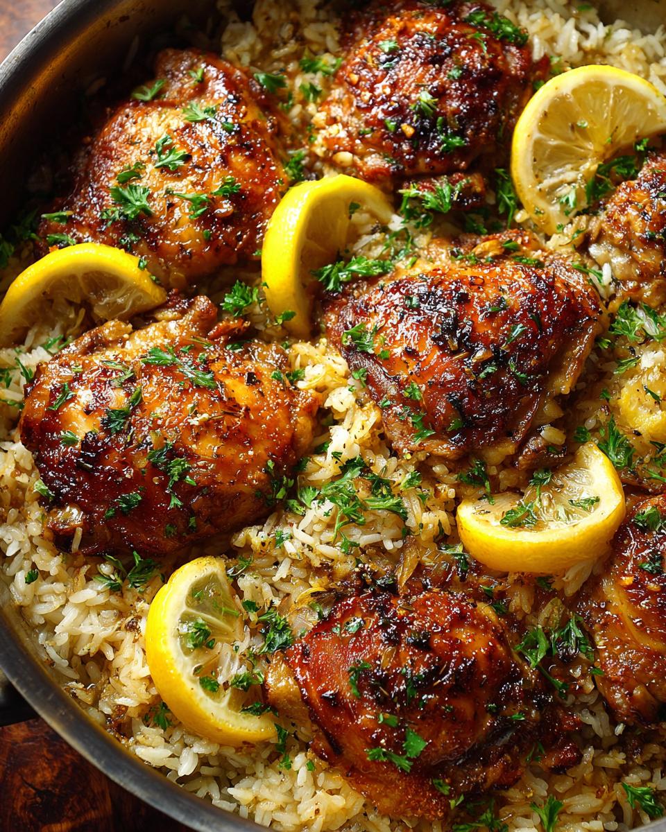 Amazing One Pot Lemon Herb Chicken and Rice 3 Close-up of a One Pot Lemon Herb Chicken and Rice dish with lemon slices and herbs.
