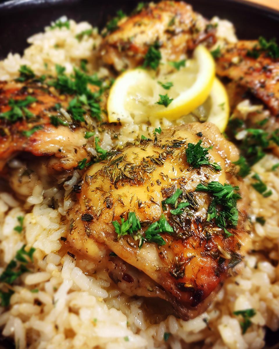 Amazing One Pot Lemon Herb Chicken and Rice 5 Close-up of One Pot Lemon Herb Chicken and Rice with chicken thighs, rice, lemon slices, and herbs.