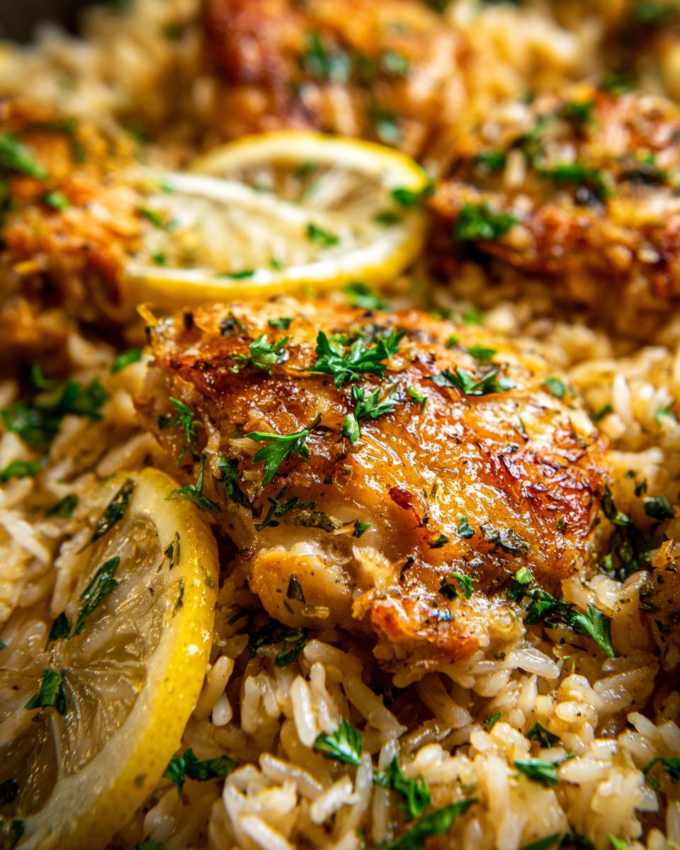 Amazing One Pot Lemon Herb Chicken and Rice 2 Close-up of One Pot Lemon Herb Chicken and Rice with lemon slices and herbs.
