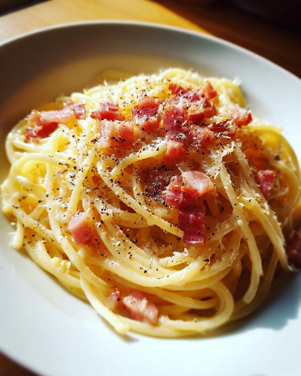 Delicious pasta carbonara with bacon, cheese, and pepper. This Recipe Has Millions of Views Online.