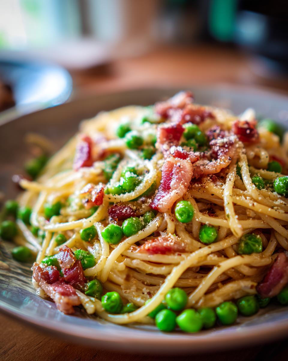 Close-up of Pasta with Pancetta and Peas, with spaghetti, peas, and pancetta on a plate.