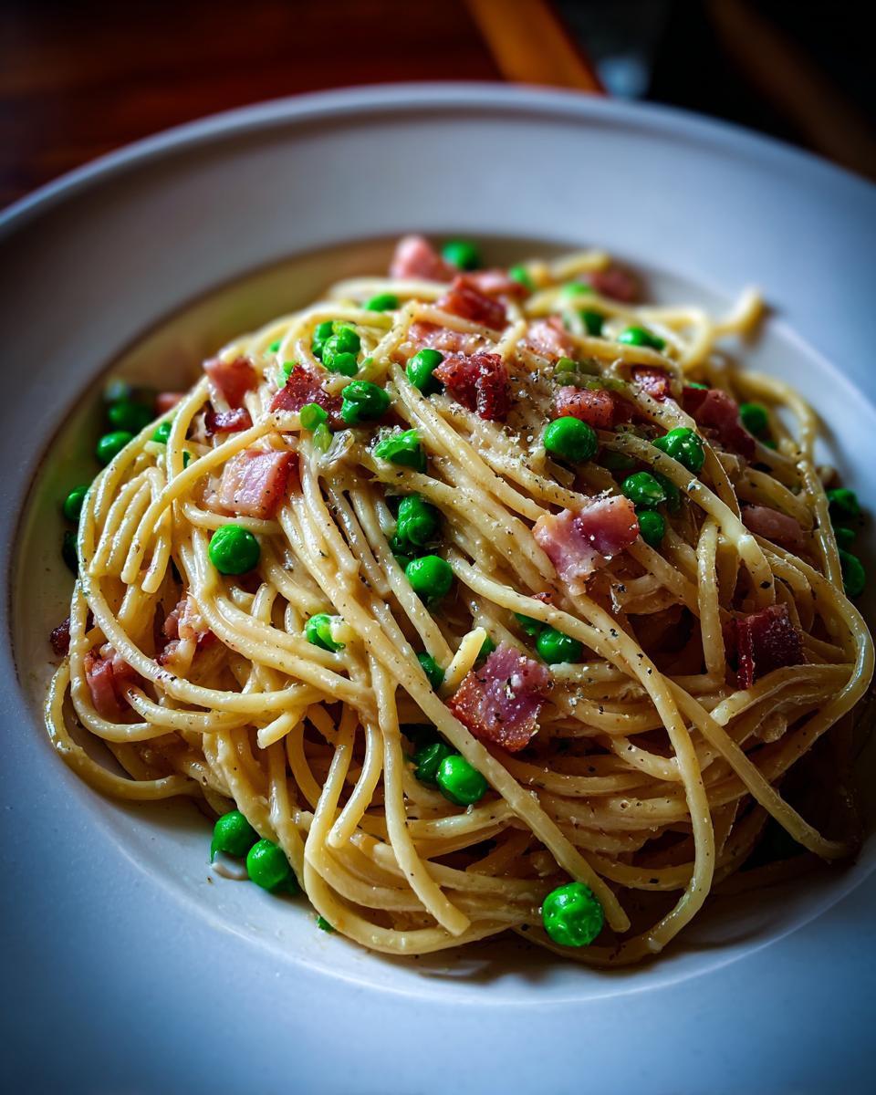 A plate of delicious Pasta with Pancetta and Peas, a classic Italian dish.