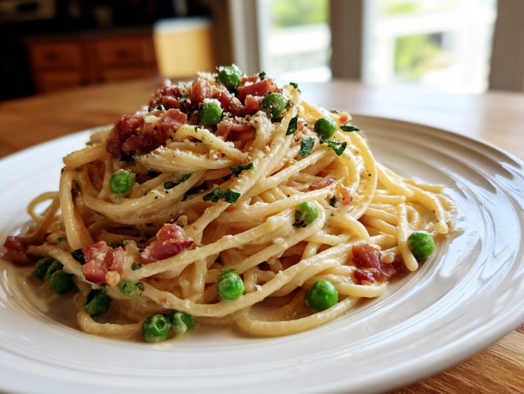 A plate of delicious pasta with pancetta and peas, a quick and easy recipe.