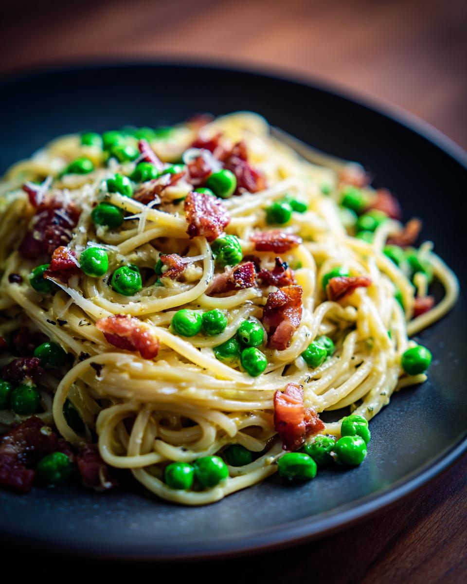 Close-up of pasta with pancetta and peas on a black plate, a delicious Pasta with Pancetta and Peas.